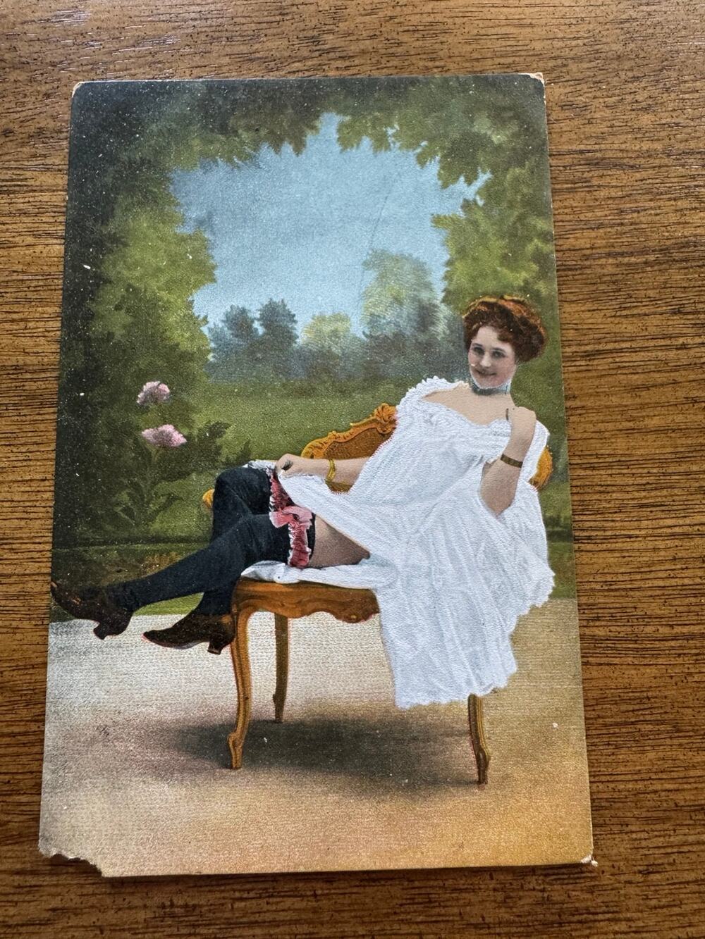 Vintage European Glamour Woman White Dress Stockings Postcard Risque